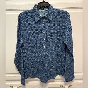 Cinch Blue Geometric Print Long Sleeve Button Down Shirt Women’s Size Medium